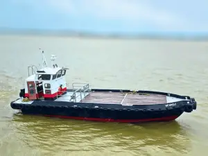 A small tugboat named "MP MIRACLE" floats on calm, murky water under a cloudy sky.
